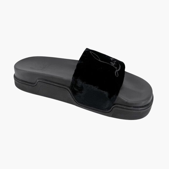 Christian Louboutin 'Navy Pool' Slide Sandals Size 37 US 7 Black Velvet Logo - Picture 11 of 12